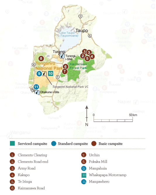 Map of Central North Island campsites